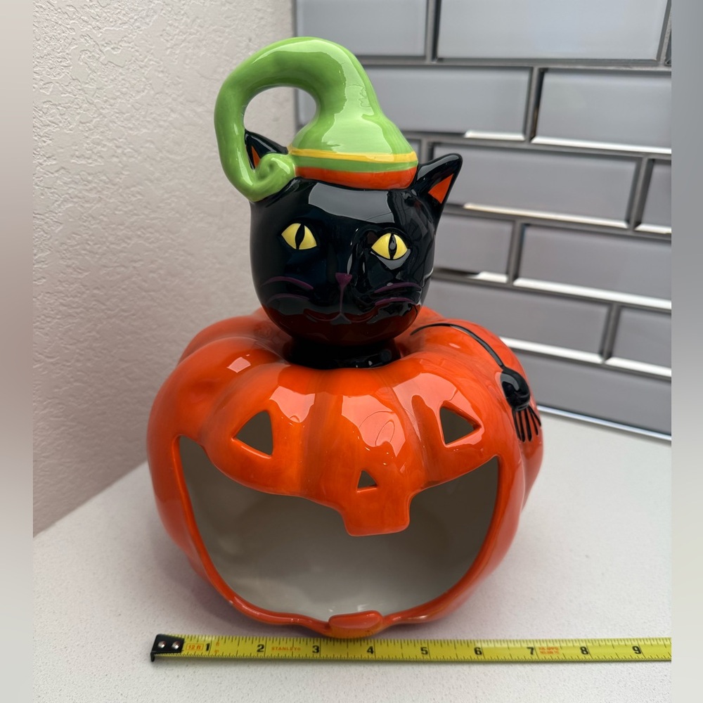 Ceramic Happy Halloween Candy Dish Candle Holder Pumpkin Black Cat - Picture 12 of 14